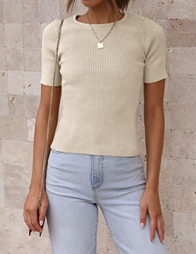 ZESICA Crewneck Short Sleeve T-Shirt, 2024 Summer, Almond