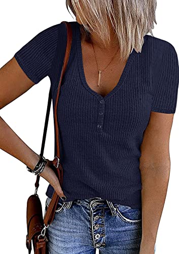 MEROKEETY Women's V Neck Ribbed Knit Button T-Shirt