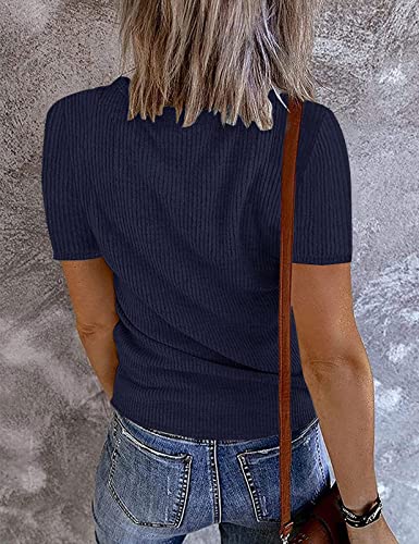 MEROKEETY Women's V Neck Ribbed Knit Button T-Shirt