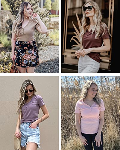 MEROKEETY Women's V Neck Ribbed Knit Button T-Shirt