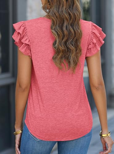 Coral Red Ruffle V-Neck T-Shirt Blouse