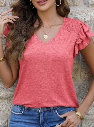 Coral Red Ruffle V-Neck T-Shirt Blouse