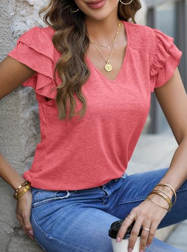 Coral Red Ruffle V-Neck T-Shirt Blouse