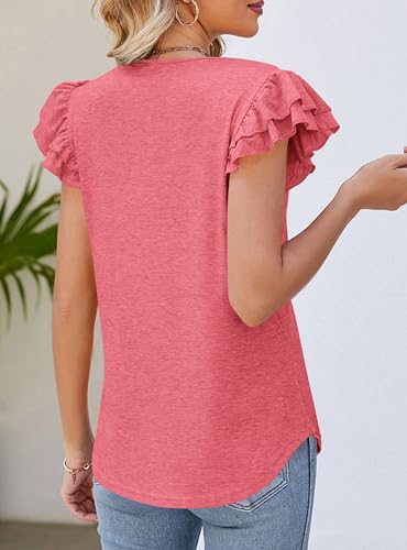 Coral Red Ruffle V-Neck T-Shirt Blouse