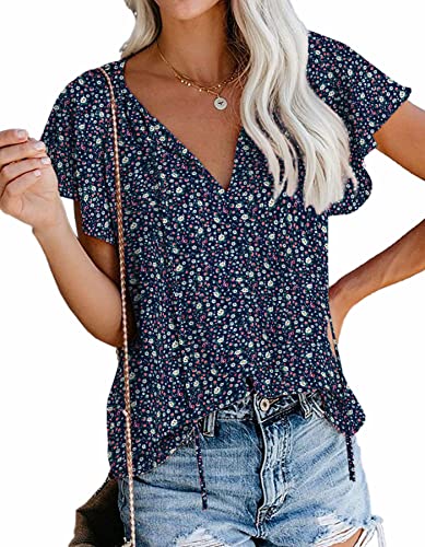 Navy Blue Bobo Floral Vneck Peasant Summer Tops