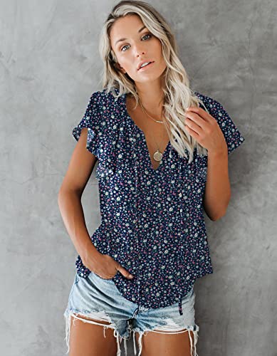 Navy Blue Bobo Floral Vneck Peasant Summer Tops