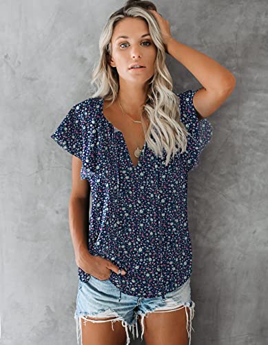 Navy Blue Bobo Floral Vneck Peasant Summer Tops