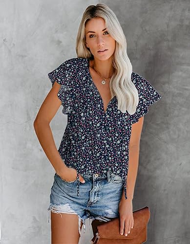Navy Blue Bobo Floral Vneck Peasant Summer Tops