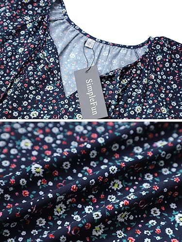 Navy Blue Bobo Floral Vneck Peasant Summer Tops