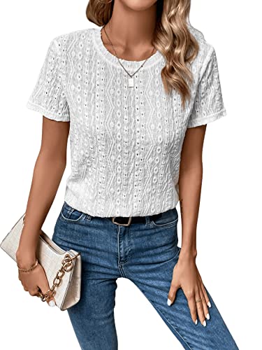 White Eyelet Embroidery Short Sleeve Casual Holiday T-Shirt
