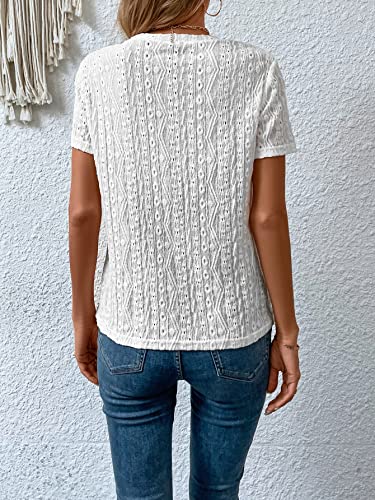 White Eyelet Embroidery Short Sleeve Casual Holiday T-Shirt