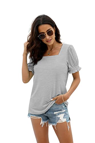 Square Neck Blouses: Elegant Grey Stripe Tops for Women