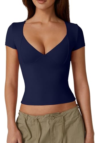 QINSEN Women's Summer V Neck Double Lined Tee