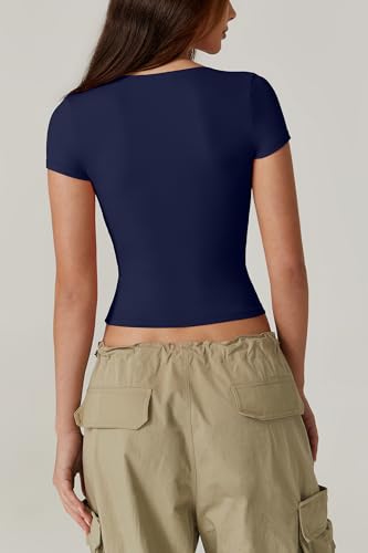 QINSEN Women's Summer V Neck Double Lined Tee