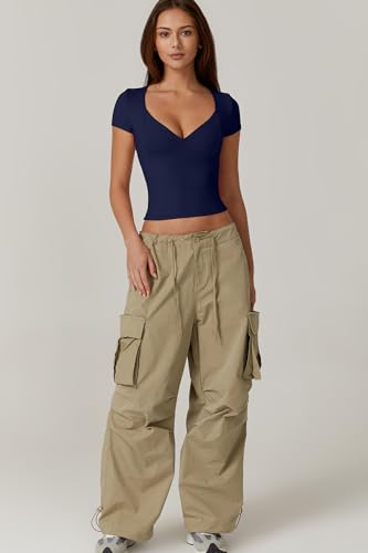 QINSEN Women's Summer V Neck Double Lined Tee