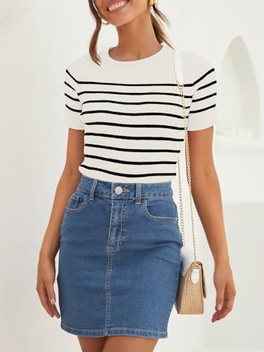 ZESICA Striped Short Sleeve Ribbed Tee - White