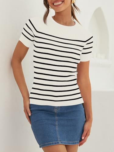 ZESICA Striped Short Sleeve Ribbed Tee - White