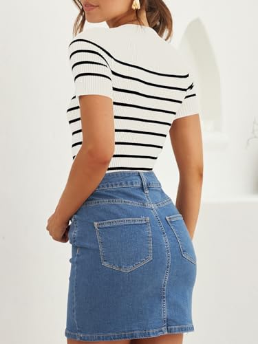 ZESICA Striped Short Sleeve Ribbed Tee - White