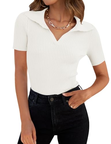 ZESICA V-Neck Ribbed Knit Tee - White, Medium