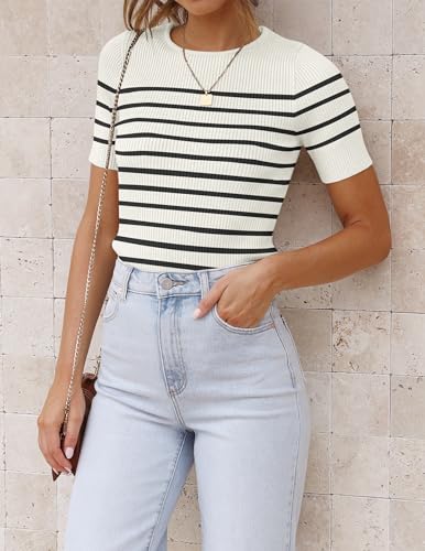 ZESICA Striped Short Sleeve Ribbed Tee - White