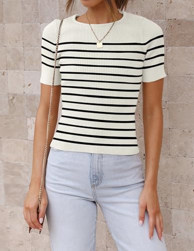ZESICA Striped Short Sleeve Ribbed Tee - White