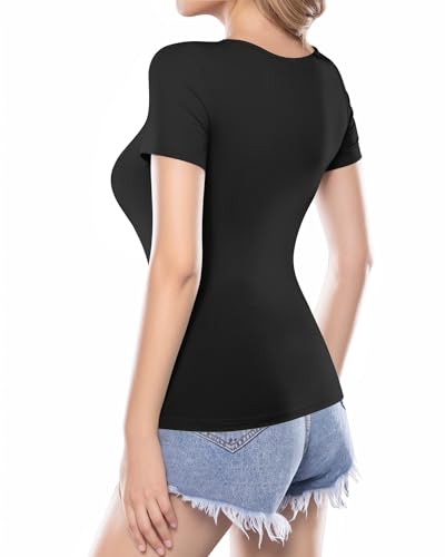 MANGOPOP Women's Black Square Neck Fitted Tee, Size Large