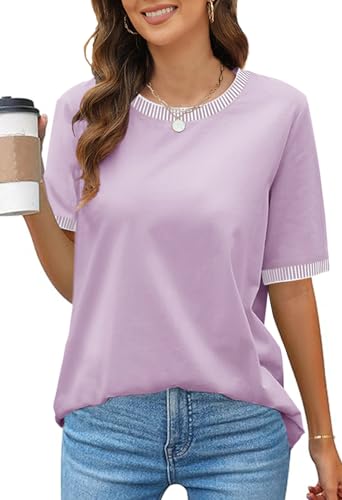 MEROKEETY Short Sleeve Striped T-Shirt Blouse in Lilac