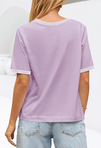 MEROKEETY Short Sleeve Striped T-Shirt Blouse in Lilac