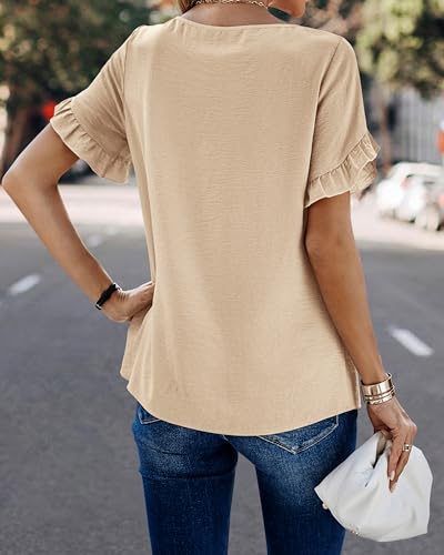 PRETTYGARDEN Summer Short Sleeve Ruffle Tunic Top Apricot