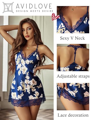 Avidlove Sexy Lingerie for Woman Lace Babydoll Lingerie Set (Large, Navy Blue Floral)