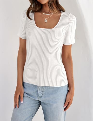 ZESICA Women's Square Neck Short Sleeve Tee_Top,White