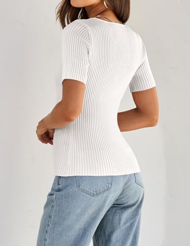 ZESICA Women's Square Neck Short Sleeve Tee_Top,White