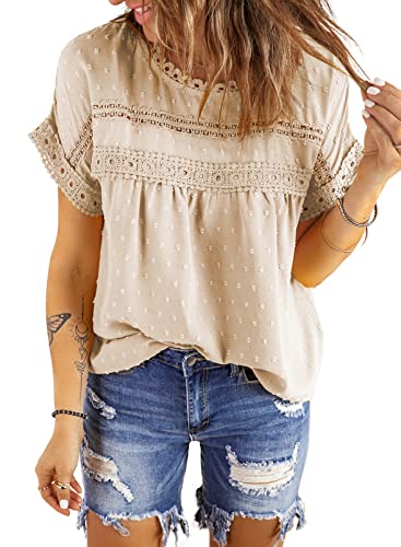 Dokotoo Women's Summer Short Sleeve Crochet Lace Hem Blouse