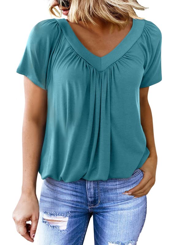 Dokotoo Women's Blue Oversized V-Neck Summer Top