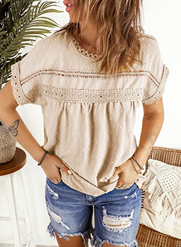 Dokotoo Women's Summer Short Sleeve Crochet Lace Hem Blouse