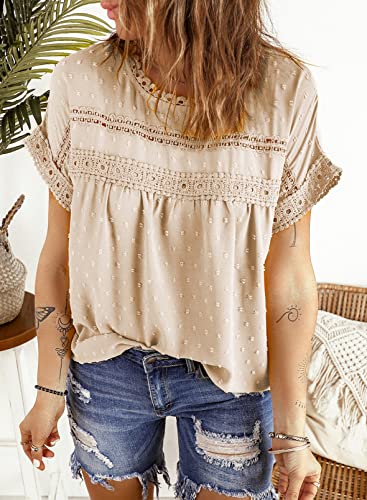 Dokotoo Women's Summer Short Sleeve Crochet Lace Hem Blouse