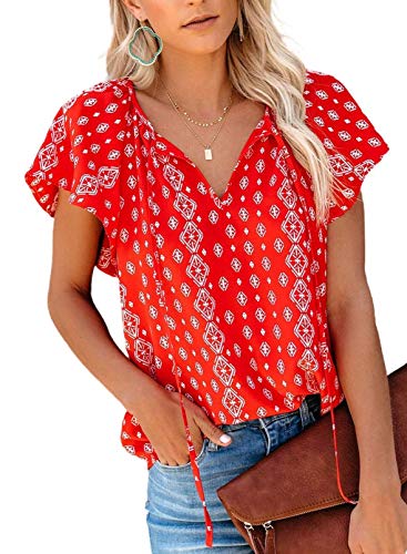 Red Floral Print V Neck Blouse for Women