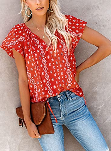 Red Floral Print V Neck Blouse for Women
