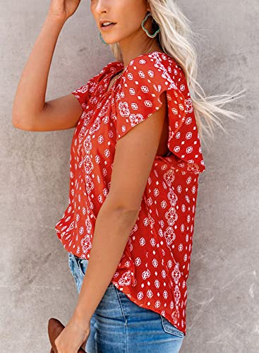 Red Floral Print V Neck Blouse for Women