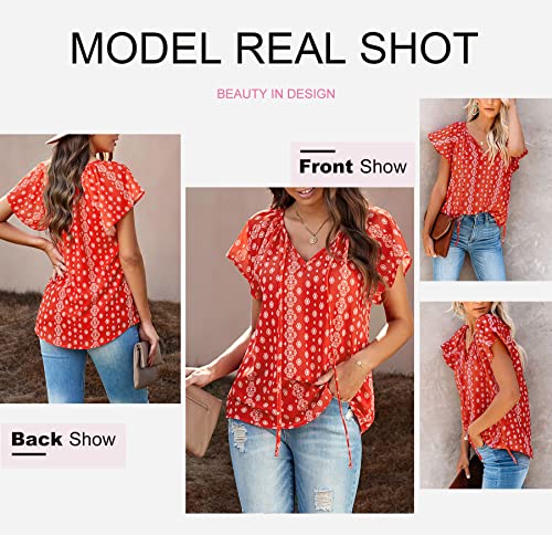 Red Floral Print V Neck Blouse for Women