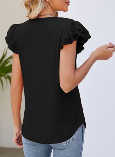 Dokotoo Women's V-Neck Ruffle Sleeve Blouse, Black