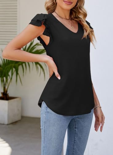 Dokotoo Women's V-Neck Ruffle Sleeve Blouse, Black