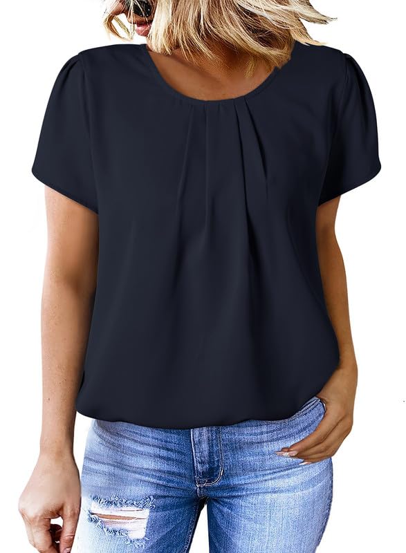 Dokotoo Womens Ladies Casual Summer Basic Pleated Tops Short Sleeve Chiffon Blouses for Women Dressy 2024 Round Neck Solid Color Loose Fit T Shirts Curved Keyhole Tops Black L