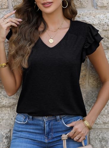 Dokotoo Women's V-Neck Ruffle Sleeve Blouse, Black