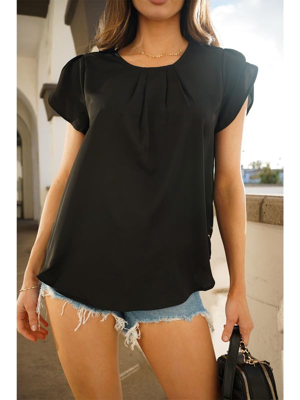 Dokotoo Womens Ladies Casual Summer Basic Pleated Tops Short Sleeve Chiffon Blouses for Women Dressy 2024 Round Neck Solid Color Loose Fit T Shirts Curved Keyhole Tops Black L