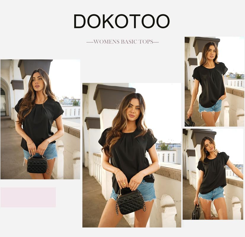 Dokotoo Womens Ladies Casual Summer Basic Pleated Tops Short Sleeve Chiffon Blouses for Women Dressy 2024 Round Neck Solid Color Loose Fit T Shirts Curved Keyhole Tops Black L