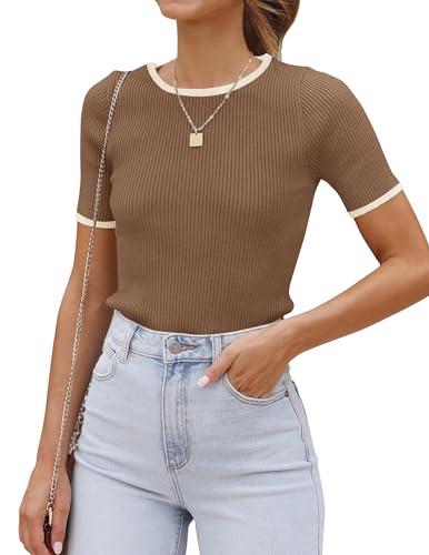 ZESICA Women's Ribbed Knit Color Block T-Shirt