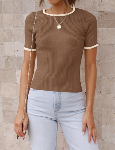 ZESICA Women's Ribbed Knit Color Block T-Shirt