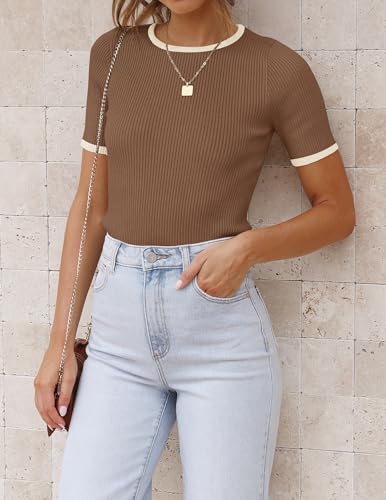 ZESICA Women's Ribbed Knit Color Block T-Shirt