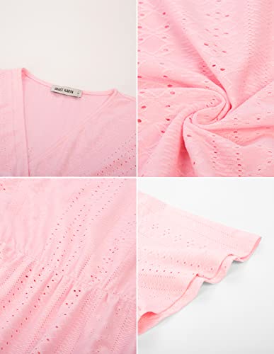 Pink Eyelet Wrap Peplum V-Neck Summer Office Shirt